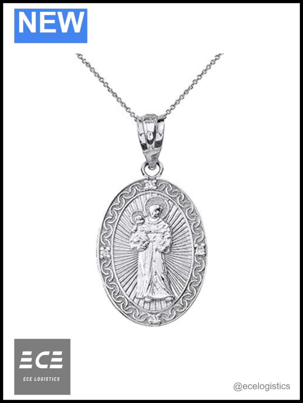 .925 Sterling Silver Saint Anthony Medal CZ Pendant 18" Necklace